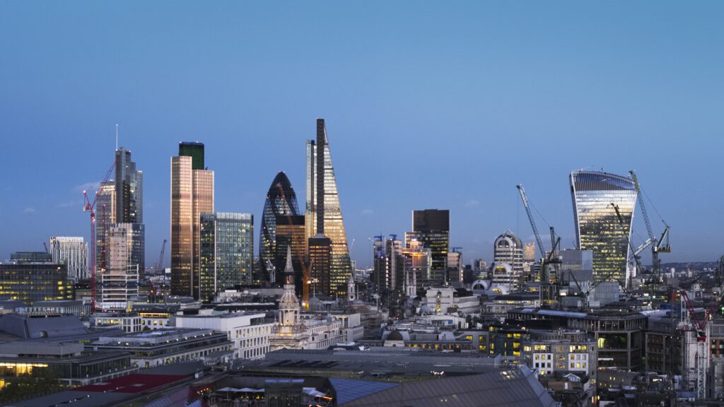 UK,London,City skyline at sunset