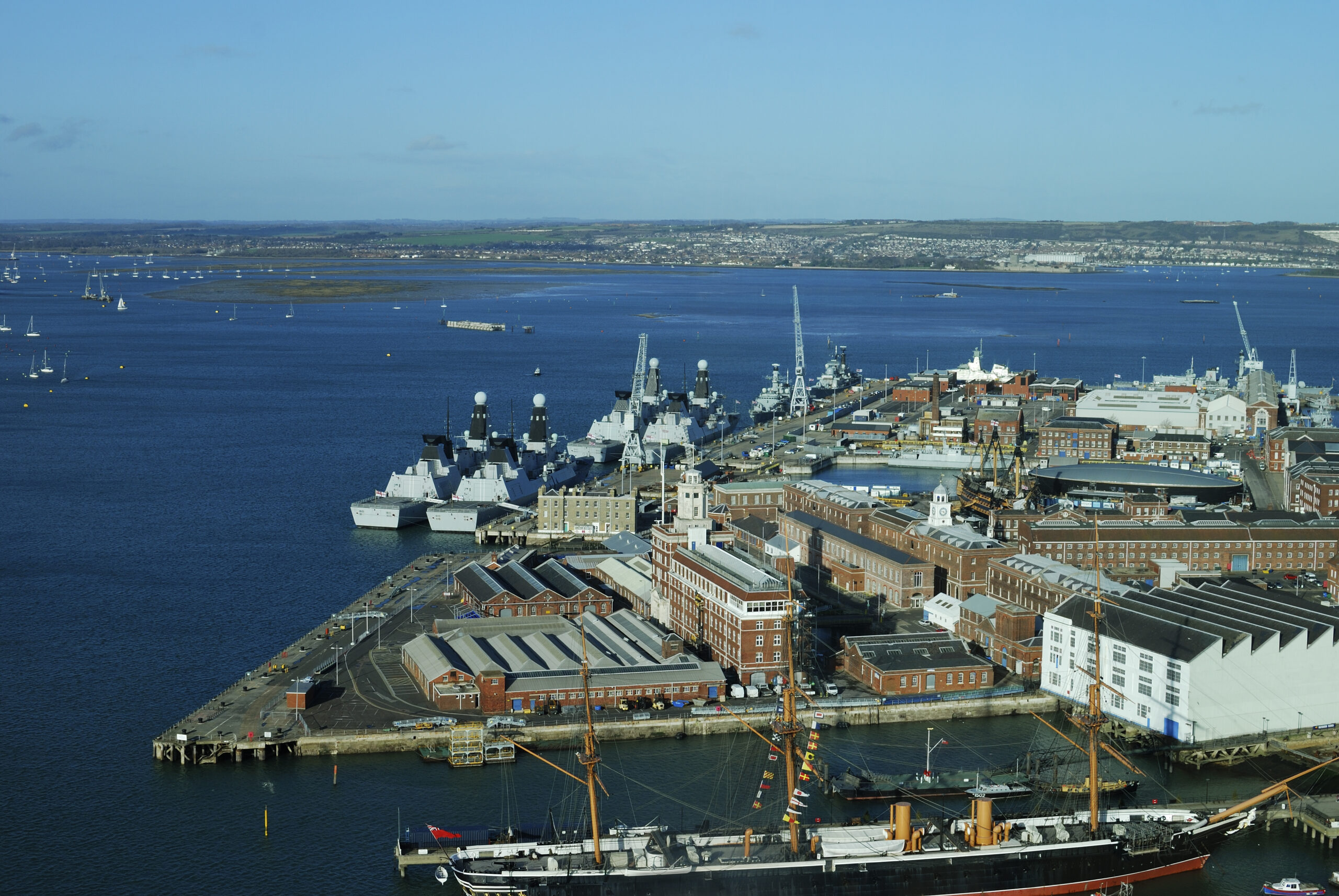 Aerial view of Portsmouth Harbour and Navy Dockyard from the Spinnaker Tower