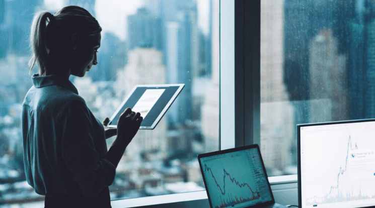 Businesswoman with touch pad monitoring data.