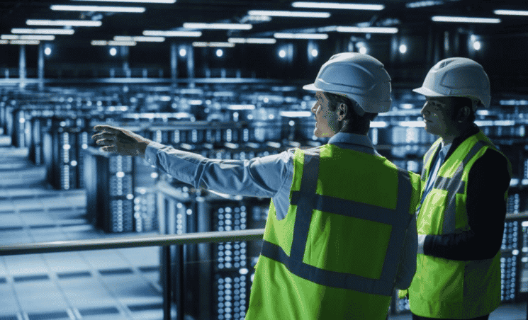 workers in data centre hall